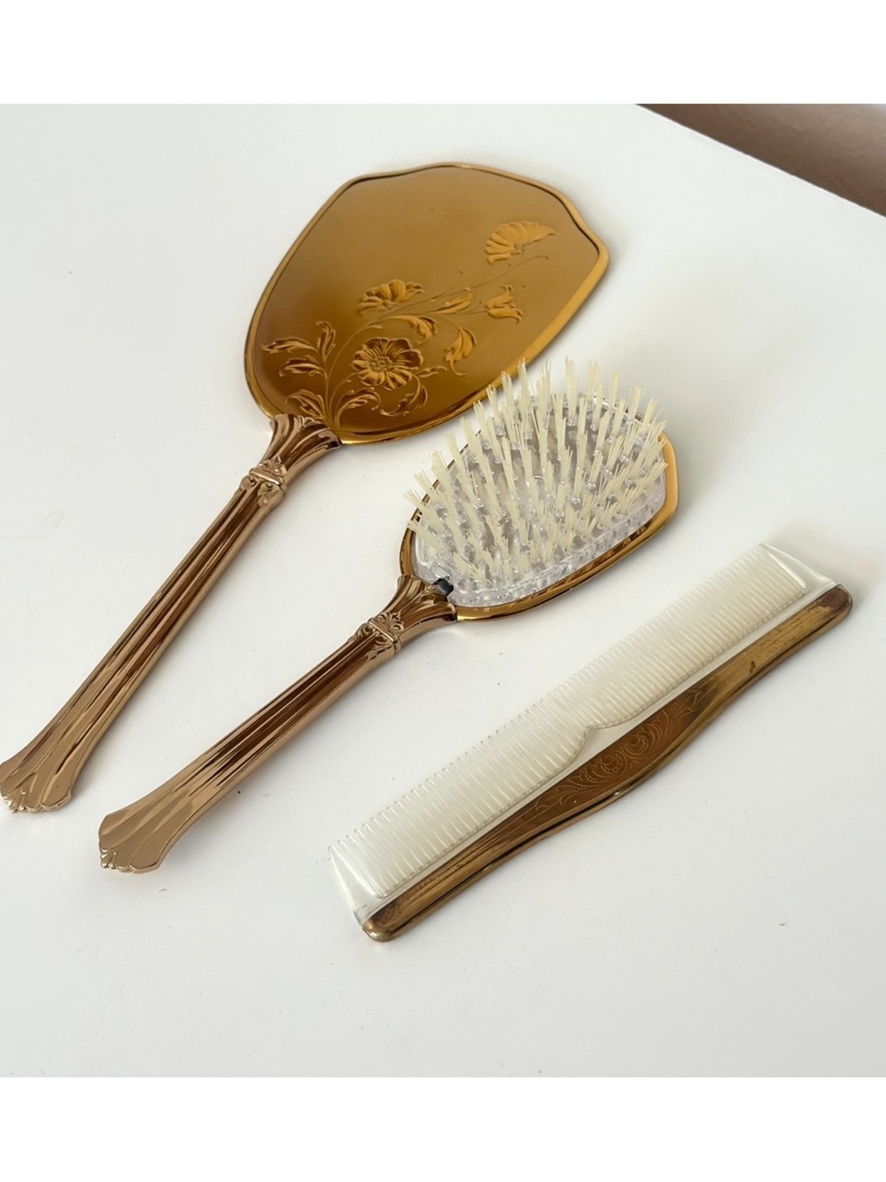Vintage Regency Floral Gold Toned Vanity Set Mirror Brush Comb 3 Piece